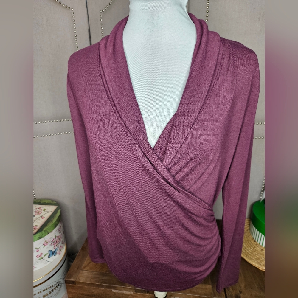 Ann Taylor Long Sleeve Faux Wrap Top Wine Burgandy